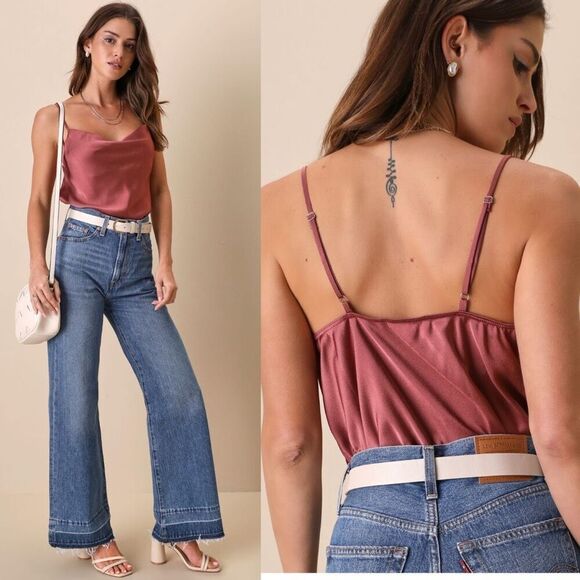 Lulu's Tops - Lulus Emmerson Rusty Rose Satin Sleeveless Cowl Neck Bodysuit Medium